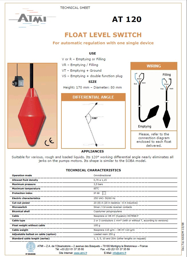ATMI【AT120】浮球/浮子式液位控制开关