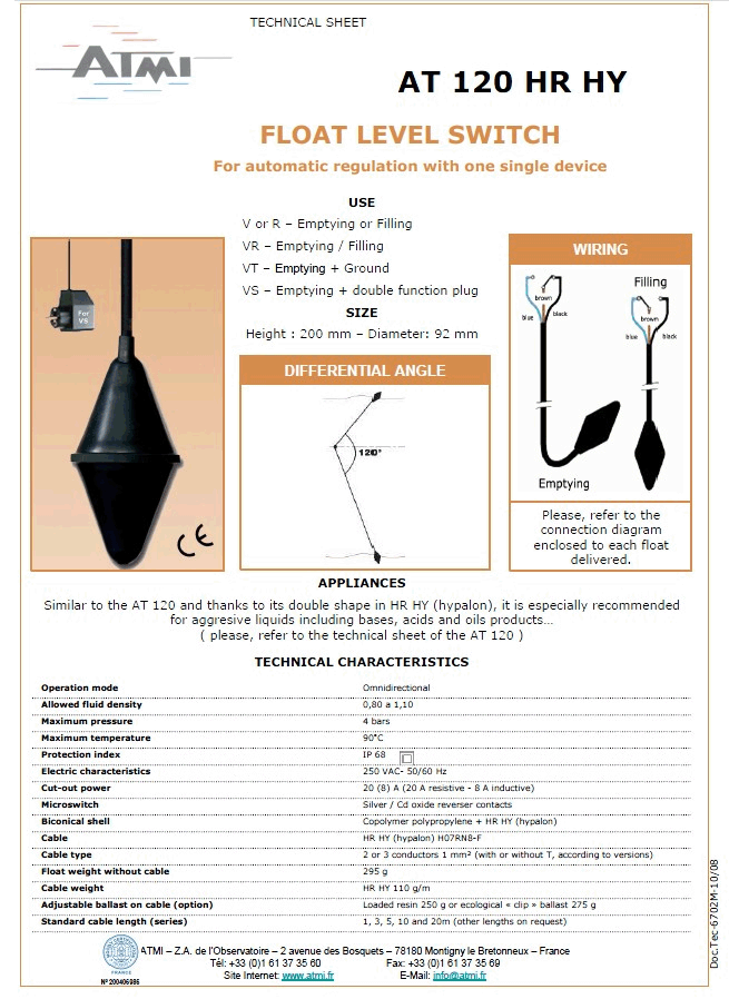 ATMI【AT120】浮球/浮子式液位控制开关