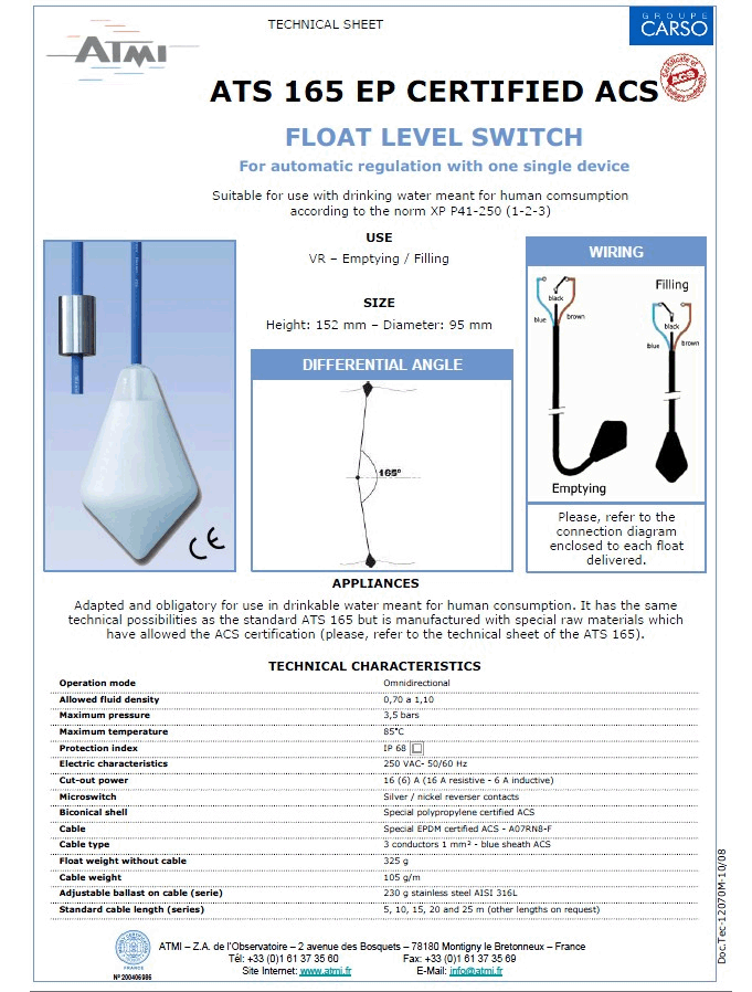 ATMI【ATS165】浮球/浮子式液位控制开关